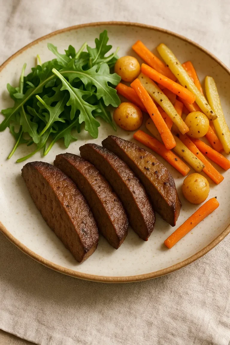 Nutrient-dense cooked beef liver served with whole foods rich in iron cofactors