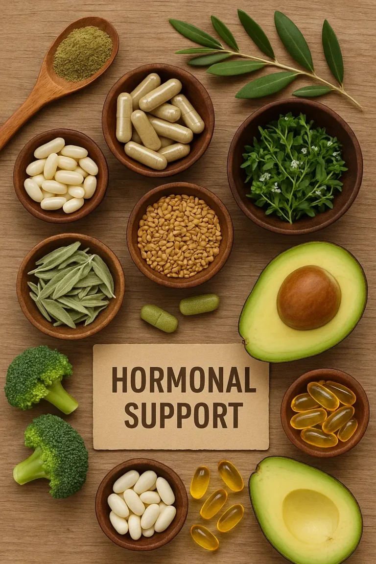 Herbal medicine, supplements, and healthy foods displayed on a wooden table as natural therapies for hormonal support