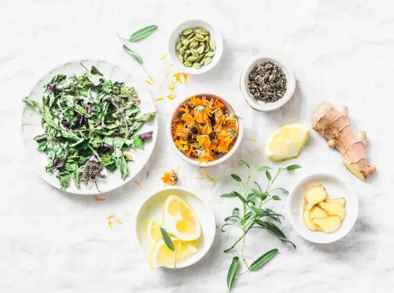 Overhead flat lay of herbs and roots used for natural PCOS and inflammation treatment, including ginger, lemon slices, and dried calendula and sage leaves